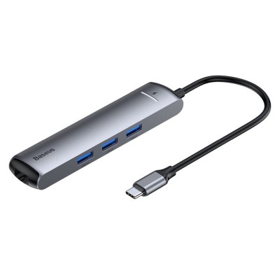 Hub - USB-C la HDMI, Type-C, 3x USB, RJ45 - Baseus (CAHUB-J0G) - Grey foto
