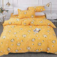Lenjerie de pat pentru o persoana cu husa elastic pat si fata perna patrata, Daisy Flowers, bumbac ranforce, gramaj tesatura 120 g/mp, multicolor, 3 p