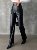 Pantaloni largi cu talie in V, model piele, negru, dama