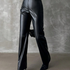 Pantaloni largi cu talie in V, model piele, negru, dama