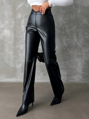 Pantaloni largi cu talie in V, model piele, negru, dama foto