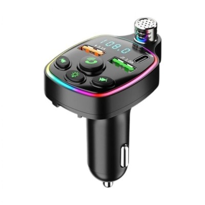 Modulator FM auto, Incarcator Auto Tip C / USB 3.1A, microSD, microfon handsfree, bluetooth, afisarea voltaj baterie, lumini LED, negru foto