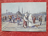 Carte postala, desen Constantinopole, Le Pont de Galata, inceput de secol XX