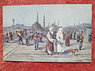 Carte postala, desen Constantinopole, Le Pont de Galata, inceput de secol XX foto
