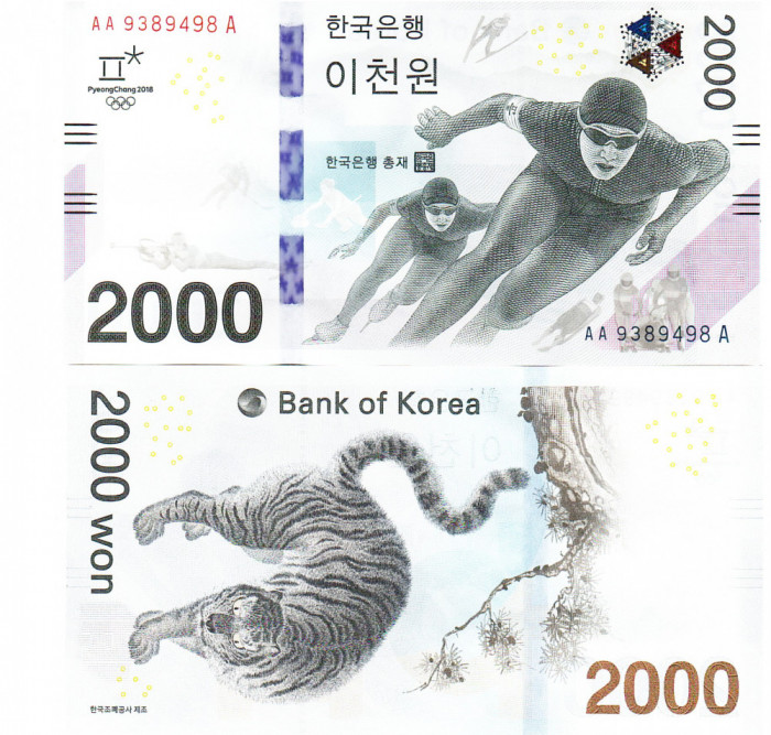 Coreea de Sud 2 000 2000 Won Jocurile Olimpice PyeongChang UNC