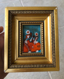 Tablou in miniatura, pictura emailata pe foita de cupru cu rama aurita