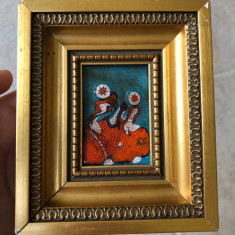 Tablou in miniatura, pictura emailata pe foita de cupru cu rama aurita