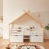 Pat casuta pentru copii 90x200 cm din lemn de pin, alb/natur, cu sertare