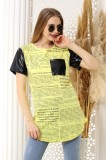 P769-191 Tricou casual cu print ziar si accesorizat cu vinil
