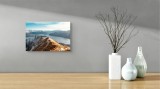 Tablou Canvas, "Solitar pe culmile munților acoperiți de nea", Scenă, Munte, Panoramă, Lac, Nor, Cer, Zăpadă, Persoană, V&acirc;rf, Natură, 39 x 26 cm, CMCL