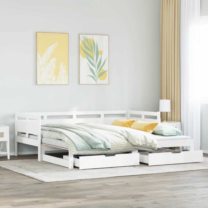 Pat de zi cu extensie și sertare fără saltea, alb, 90x200 cm