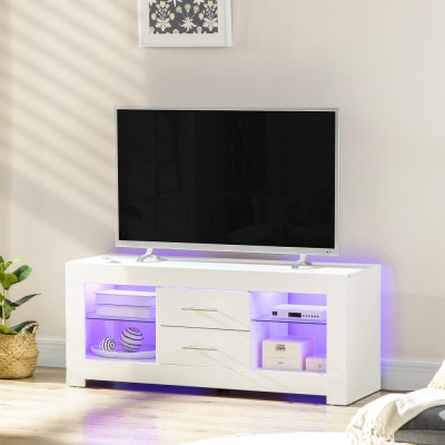 HOMCOM Comoda TV de 55&amp;quot; cu lumini LED in 12 culori si telecomanda, mobilier pentru camera de zi din lemn cu etajere din sticla 120x40x50cm, alb foto