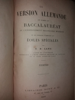 E. B. LANG - LA VERSION/ LE THEME ALLEMAND AU EXAMENS DU BACCALAUREAT {1899} foto