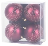 Set 4 globuri de Craciun bordo mate cu decor, pentru brad, 10 cm