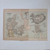 Harta Danemarca cu planul orasului Copenhaga, tiparita in anul 1895, 35.5 x 25 cm, Scandinavia / Europa