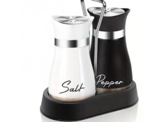 Set 2 recipiente pentru sare piper, otel inoxidabil si sticla, 16 x 8 x 15 cm, alb negru