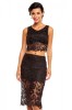 Compleu Dama Dantela Negru Top Scurt si Fusta Midi Talie Inalta Elegant