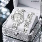 Set Ceas Colonna Lux Dama Argintiu cu Strasuri, Bratara Metalica, Eleganta si Rafinament