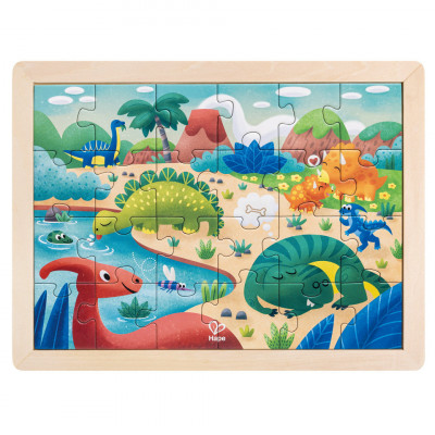Puzzle din lemn 2 in 1 - Dinozauri (26 piese), cu fata dubla si activitate foto