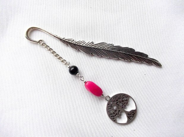 Semn de carte ,Arborele vietii, agata fucsia si onix, 40004