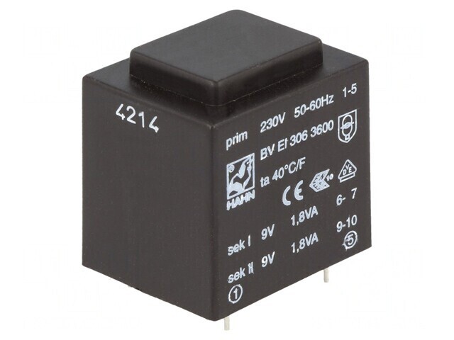 Transformator &icirc;ncapsulat 9V 200mA PCB 230VAC 3,6VA