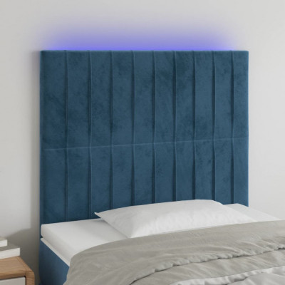 vidaXL Tăblie de pat cu LED, albastru &amp;icirc;nchis, 90x5x118/128 cm, catifea foto