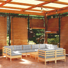 vidaXL Set mobilier grădină cu perne, 10 piese, gri, lemn masiv pin