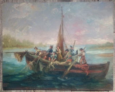 Pescari pe barca// ulei pe carton foto