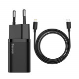 Super Si 1C &icirc;ncărcător rapid USB-C 20WPD + cablu USB-C - Lightning 1m negru TZCCSUP-B01 Baseus