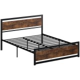 HOMCOM Cadru Pat Matrimonial din Lemn si Otel 160x200cm, Sipci Integrate si Tetiera in Stil Industrial, Negru Maro Rustic