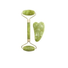 Set rola masaj facial cu doua capete si piatra verde din piatra jad naturala