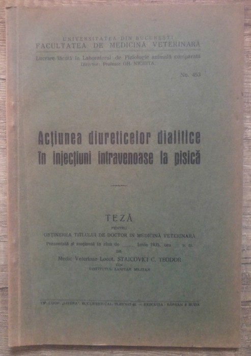 Actiunea diureticelor in injectiuni intravenoase la pisica/ 1935