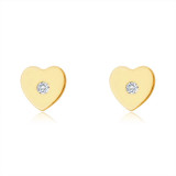 Cercei din aur de 14K - inimă mică, cu un mic zirconiu rotund clar, &icirc;nchidere de tip fluturaș