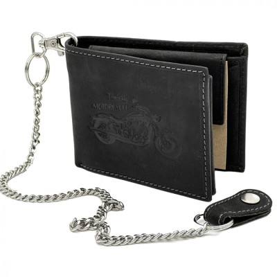Portofel Barbati din Piele personalizat cu motocicleta, accesorizat cu lant, Negru Vintage, 12x10x2 cm foto