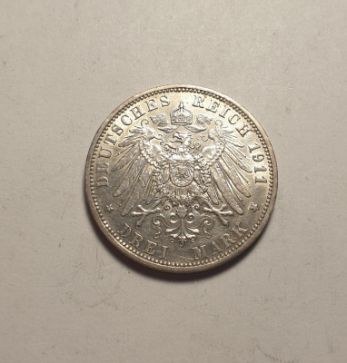 Germania 3 Mark Marci 1911 A Aunc Prusia Piesa de Colectie foto