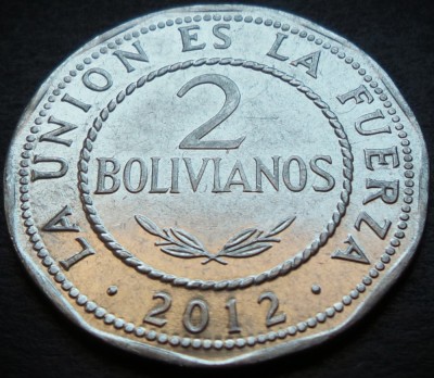 Moneda exotica 2 BOLIVIANOS - BOLIVIA, anul 2012 * cod 4855 foto