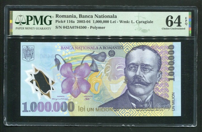 q563 BANCNOTA 1000000 LEI 2003 ( 2004 ) NECIRCULATA UNC GRADATA PMG 64 EPQ