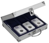 Valiza pentru monede in capsule slabs NGC PCGS cu 4 tavi in catifea albastra