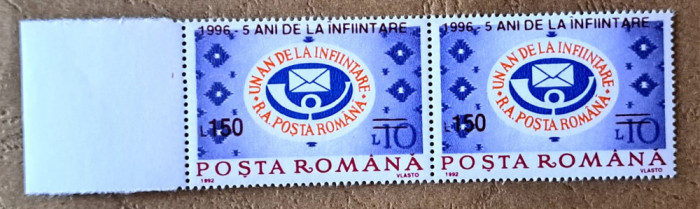 TIMBRE ROMANIA MNH LP1415/1996- 5ani R.A.P.R. (supratipar) -Serie &icirc;n pereche