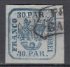 ROMANIA 1862 LP 10 PRINCIPATELE UNITE EMISIUNEA I - 30 PARALE ALBASTRU STAMPILA FRANCO GALATI, Stampilat