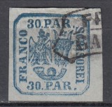 ROMANIA 1862 LP 10 PRINCIPATELE UNITE EMISIUNEA I - 30 PARALE ALBASTRU STAMPILA FRANCO GALATI, Stampilat