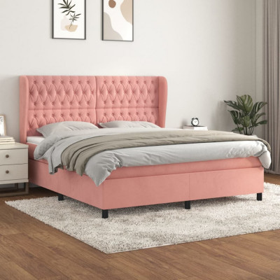 vidaXL Pat box spring cu saltea, roz, 160x200 cm, catifea foto