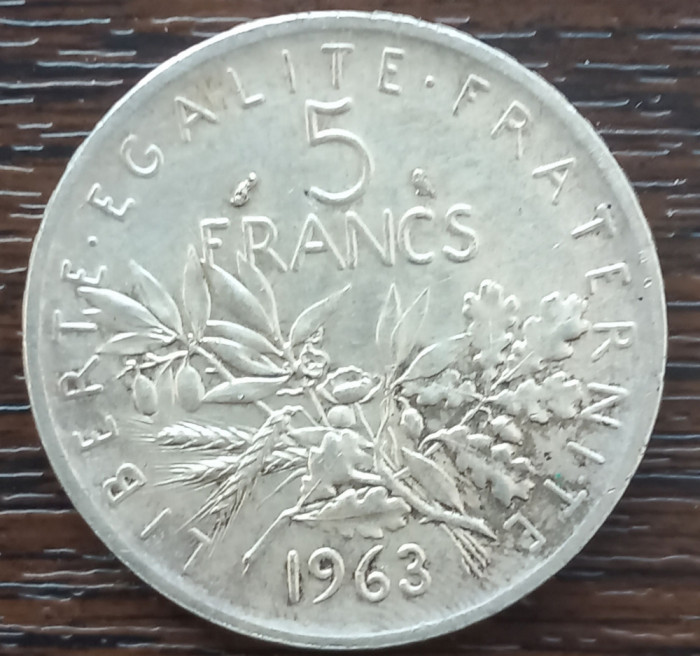 (A72) MONEDA DIN ARGINT FRANTA - 5 FRANCS 1963, SEMANATOAREA