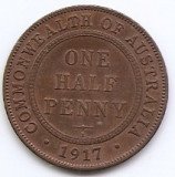 Australia half penny (&frac12;) 1917 - George V, Bronz, 25.5 mm KM-22, Australia si Oceania