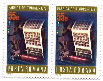Romania (467) - Centenarul Fabricii de Timbre, 1972, neobliterata, bloc de 2 foto