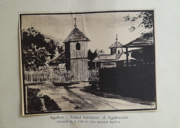 Litografie interbelică 12 lipită pe carton/ M. Olinescu / BOTOSANI Schit Agafton