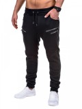 Pantaloni pentru barbati de trening, negru, fermoare decorative, banda jos, cu siret, bumbac - p422