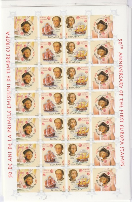 Romania,Columb 50 de ani CEPT,dantelat,coala ,nr lista1961 .