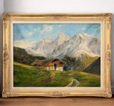 Ulei pe p&acirc;nză peisaj montan o lucrare veche semnată &icirc;ncadrata Intr o rama Blondel
