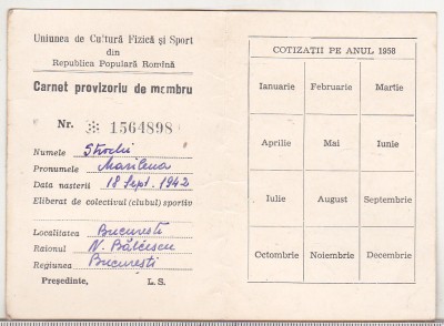 bnk div UCFS - carnet provizoriu de membru - 1958 foto